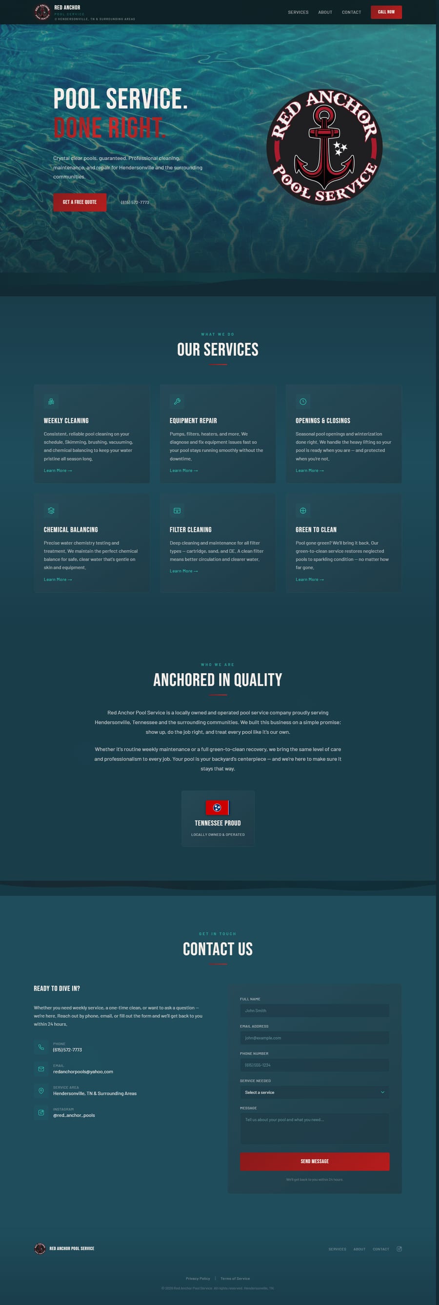 Full homepage layout showing hero, services grid (weekly cleaning, equipment repair, openings & closures, chemical balancing, filter cleaning, green to clean), brand story section, and contact form