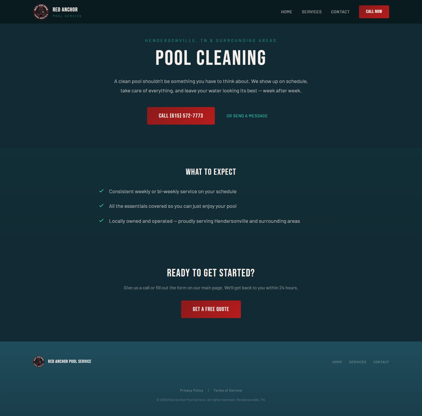 Pool Cleaning service page for Hendersonville, TN — showing targeted headline, location-specific copy, click-to-call CTA, 'What to Expect' bullet list, and a secondary CTA to get a quote
